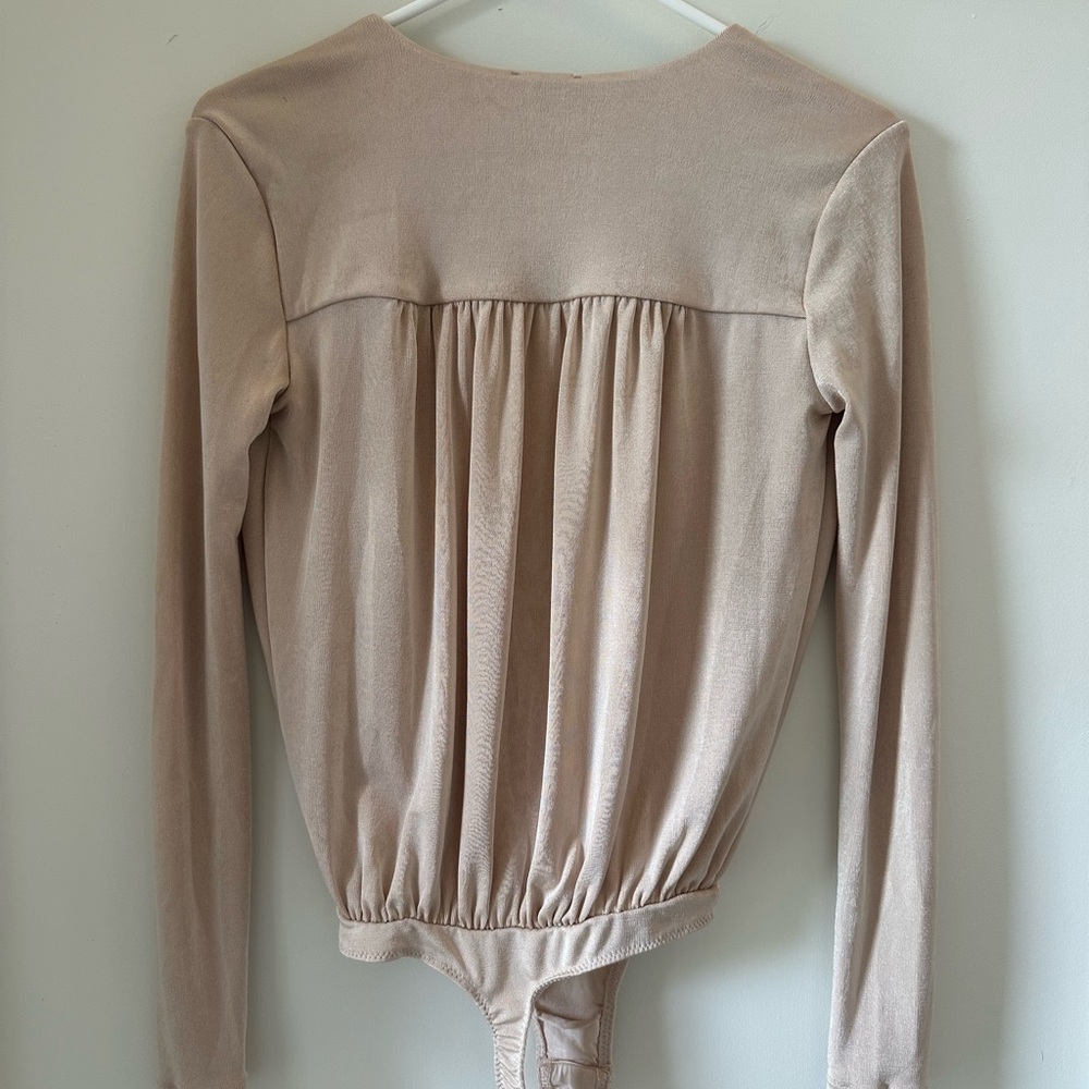 Free People Draped Long Sleeve Wrap Bodysuit in Beige - Picture 2 of 3